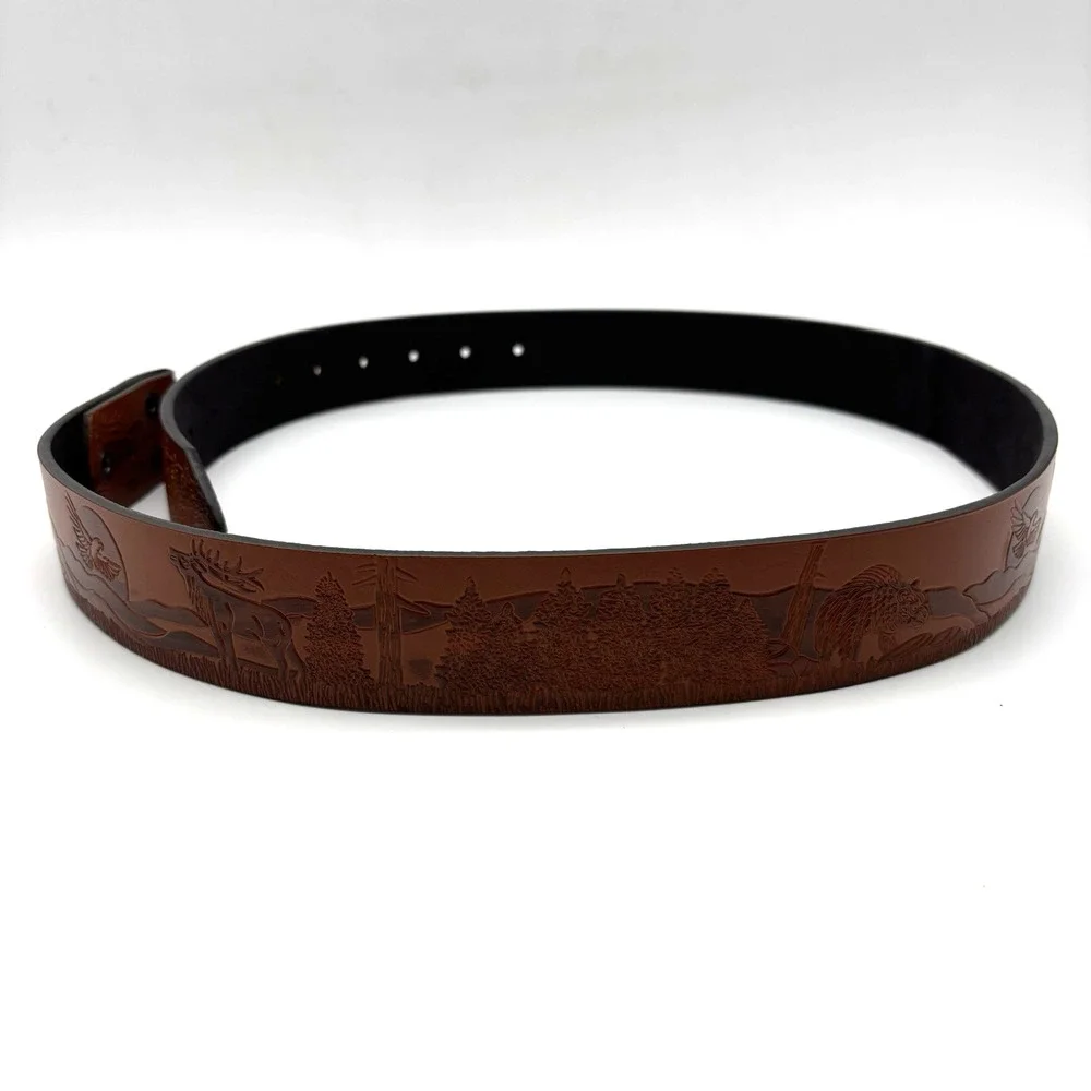 NEW Brown Faux Leather Woodland Animals Scene Tooled Western Belt 31-39